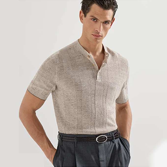 brunello cucinelli henley neckline linen cotton knit t-shirt